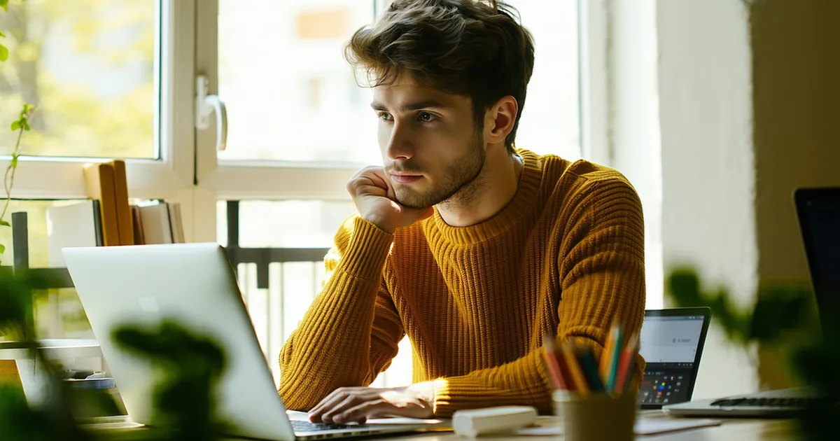 A creator at a desk reviewing an AI-generated script draft on a laptop with natural lighting