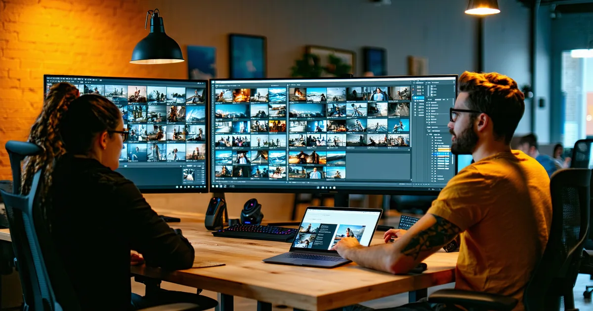 A social video team collaborating around a monitor in a creative production office