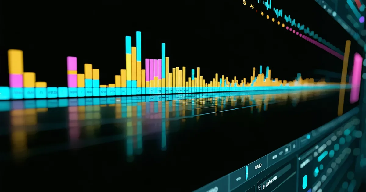 A film timeline edit on a monitor with colorful clip blocks representing pacing rhythm