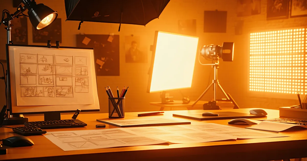 Storyboard sketches and a written shot list side by side on a production desk