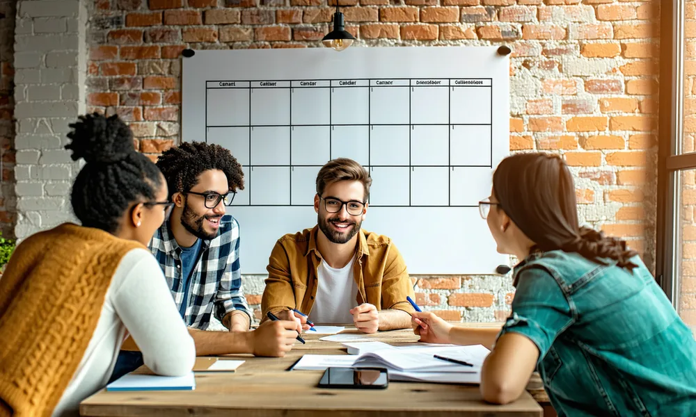 A small social video team reviewing a content calendar in a creative office